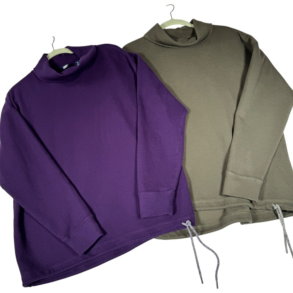Lands End Womens XL Waffle Knit Mock Neck Thermal Tops Set of 2 Purple Olive